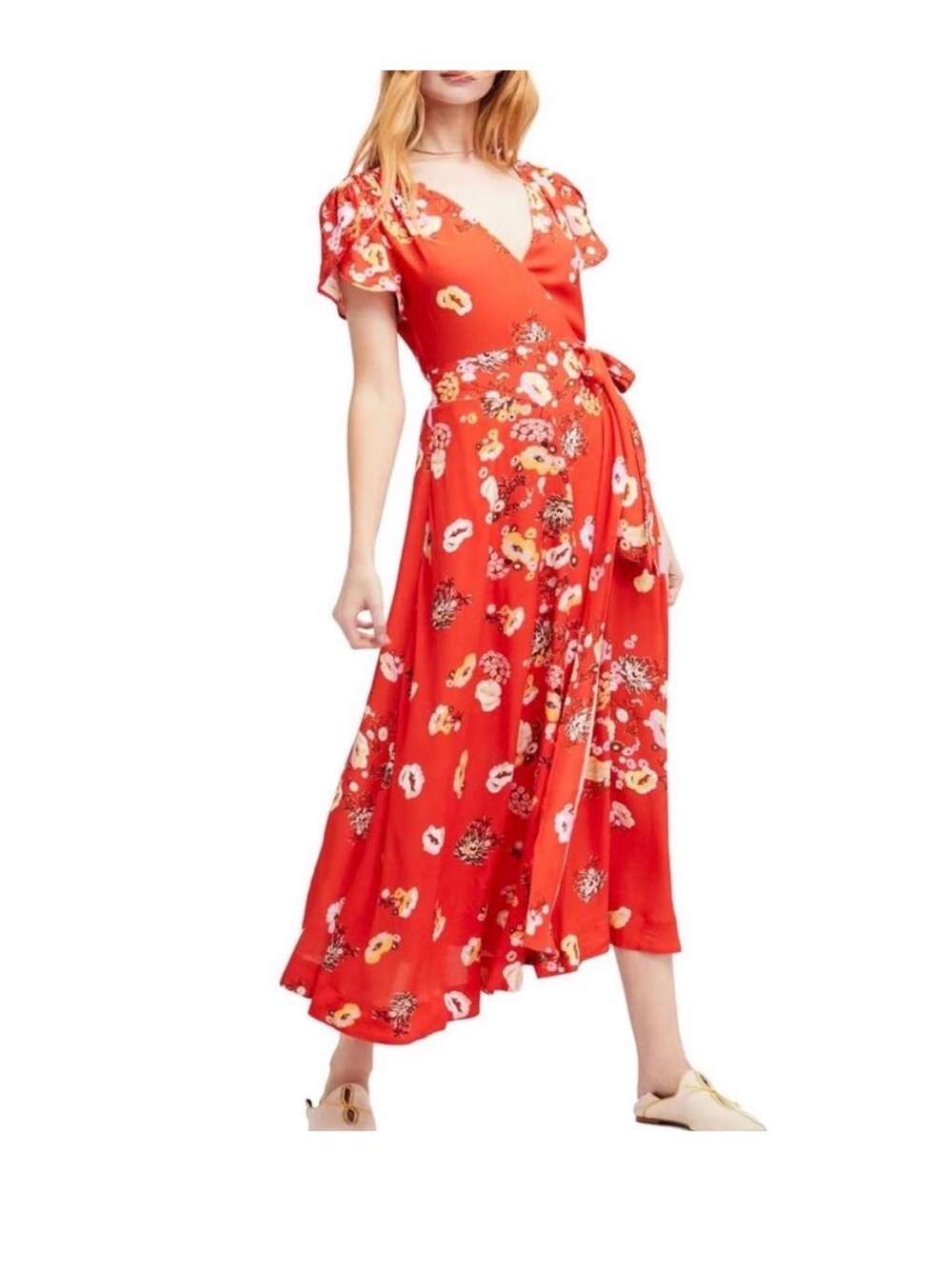Free People Red Floral Wrap Midi Dress with Tie Waist